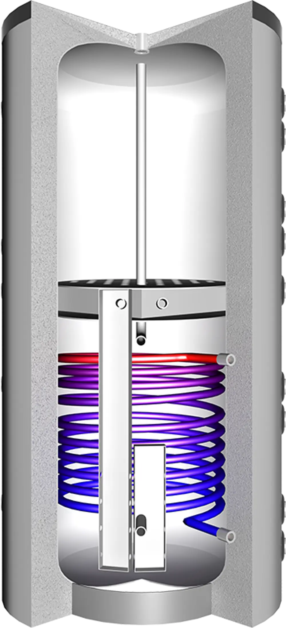 Multifunktionsspeicher von Juratherm, Darstellung eines Speichers mit einem Spiralkollektor und thermischen Komponenten, sichtbar in einem vertikalen, zylindrischen Gehäuse.